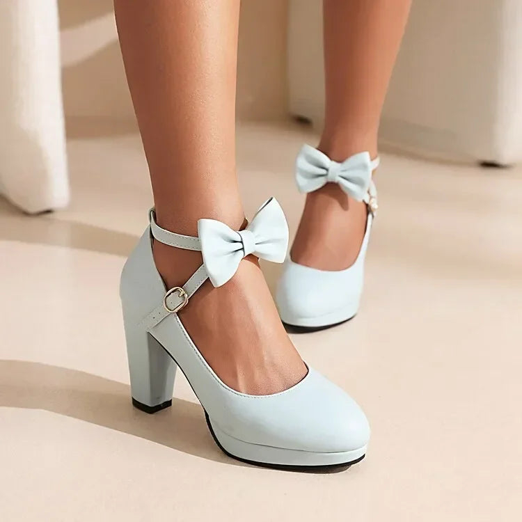 Spring and Autumn New Style Fashion Round Head High-heeled Women's Shoes Sweet Bow Shallow Mouth Buckle Thick Heel Women Shoes
