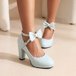 Spring and Autumn New Style Fashion Round Head High-heeled Women's Shoes Sweet Bow Shallow Mouth Buckle Thick Heel Women Shoes