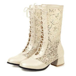 New Arrivals Big Size 43 Fashion White Lace Summer Boots Women Chic Black Square Med Heels Lace-up Mid-calf Boots Wedding Shoes