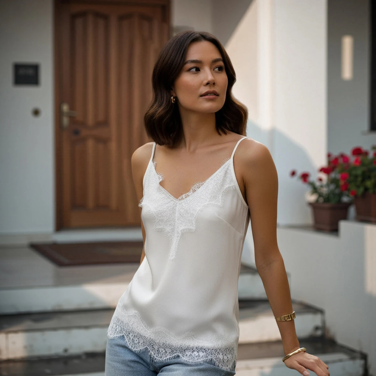 Fashion Summer Satin Tank Tops Women Solid Color Deep V Neck Sleeveless Adjustable Spaghetti Strap Lace Patchwork Vest