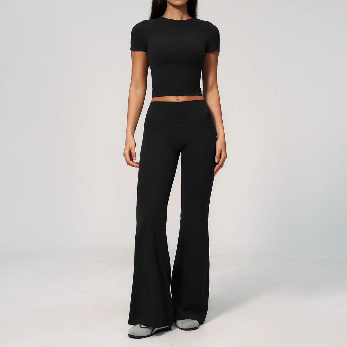 Creamy 2 Pieces Workout Suit Women Yoga Outfits Short Sleeve O Neck Slim Sports T Shirts High Waist Flare Pants Gym Fitness Sets