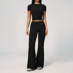 Creamy 2 Pieces Workout Suit Women Yoga Outfits Short Sleeve O Neck Slim Sports T Shirts High Waist Flare Pants Gym Fitness Sets