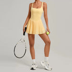 New Large Backless Tennis Dresses Women Solid Color Sleeveless Glare Pleated Yoga Skirt with Pocket Shorts Running Fitness Dress