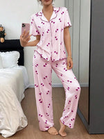 Loose Fit V-Neck Short Sleeve Print Cardigan Tops and Long Pants Set Home Sleepwear Women's Sleepwear Casual Pajamas Set