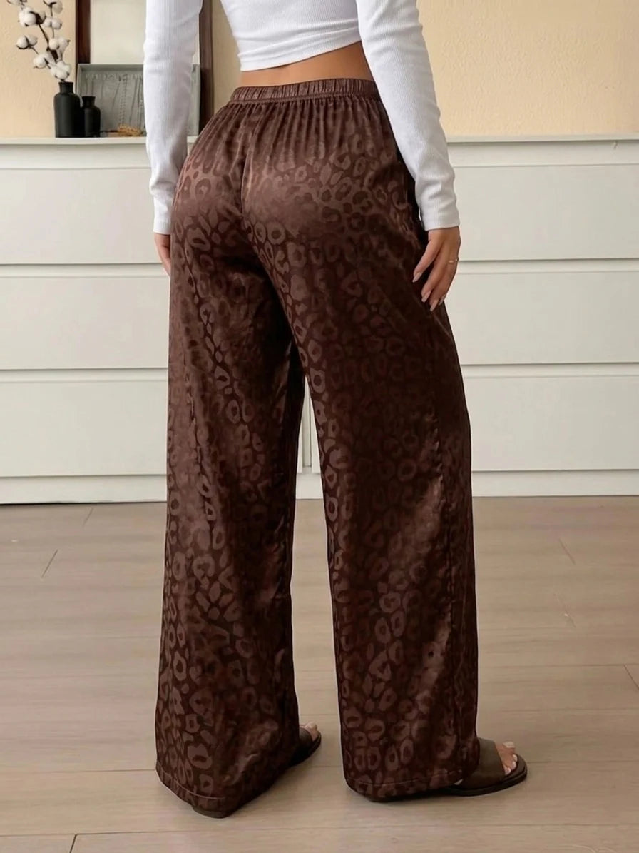 2026 Women Brown Satin Leopard Print Pajamas Pants Elastic Waist Loose Trousers Vintage Casual Pants Leisure Home Clothing