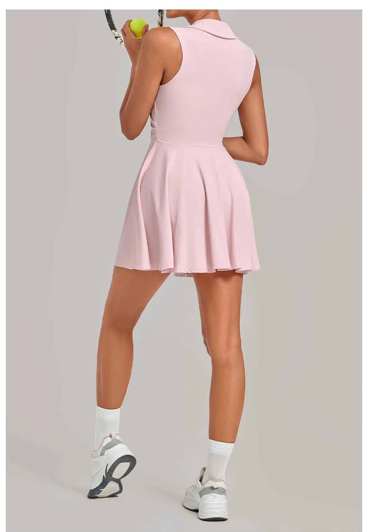 Summer Women Solid Tennis Dresses Sleeveless Turn Down Collar Pleated Skirts with Detachable Pocket Shorts Slim Yoga Golf Dress