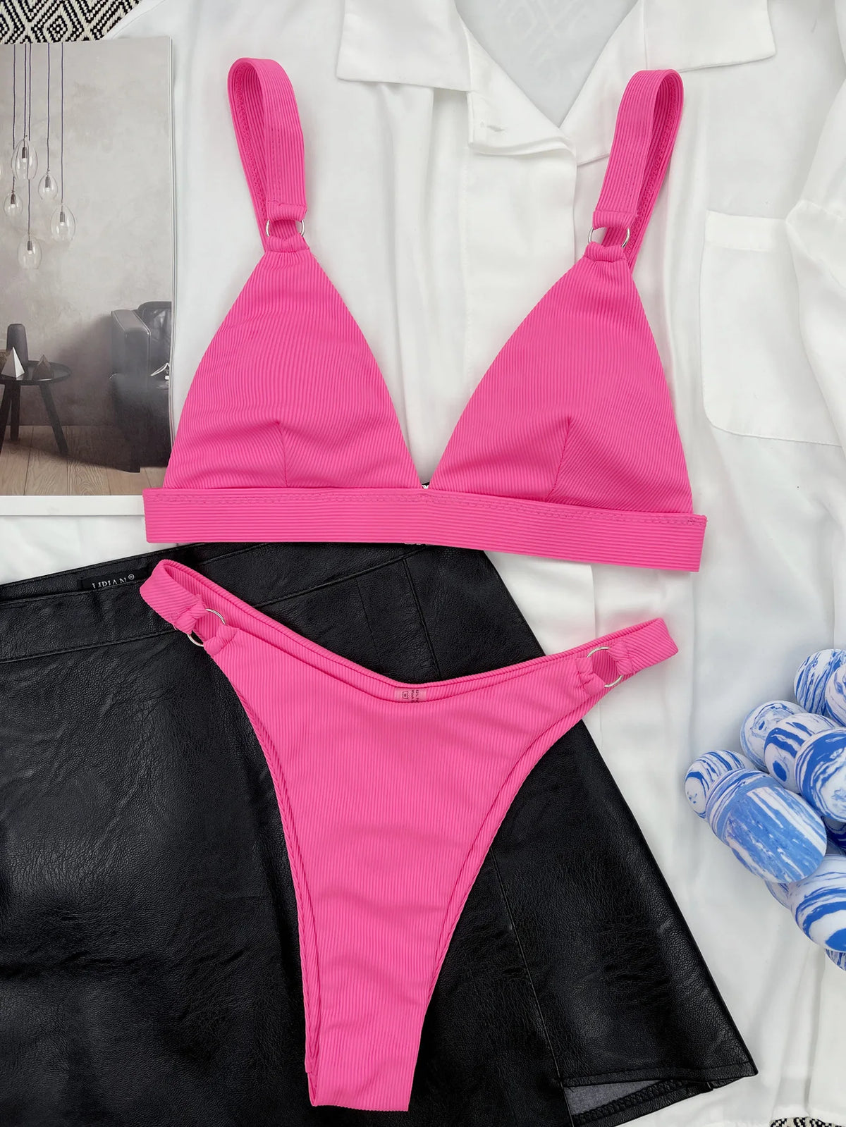 DEKA Women Solid Bikini Set Triangle Brazilian Neon Pink Swimwear Bandage Backless Two Pieces Swimsuit Beachwear Biquini