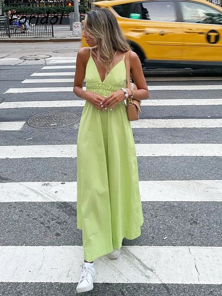 Foridol Elastic Smocking Green Cotton V Neck Summer Women's Dress Sleevless Long Green Maxi Casual Strapy Dress Solid Female