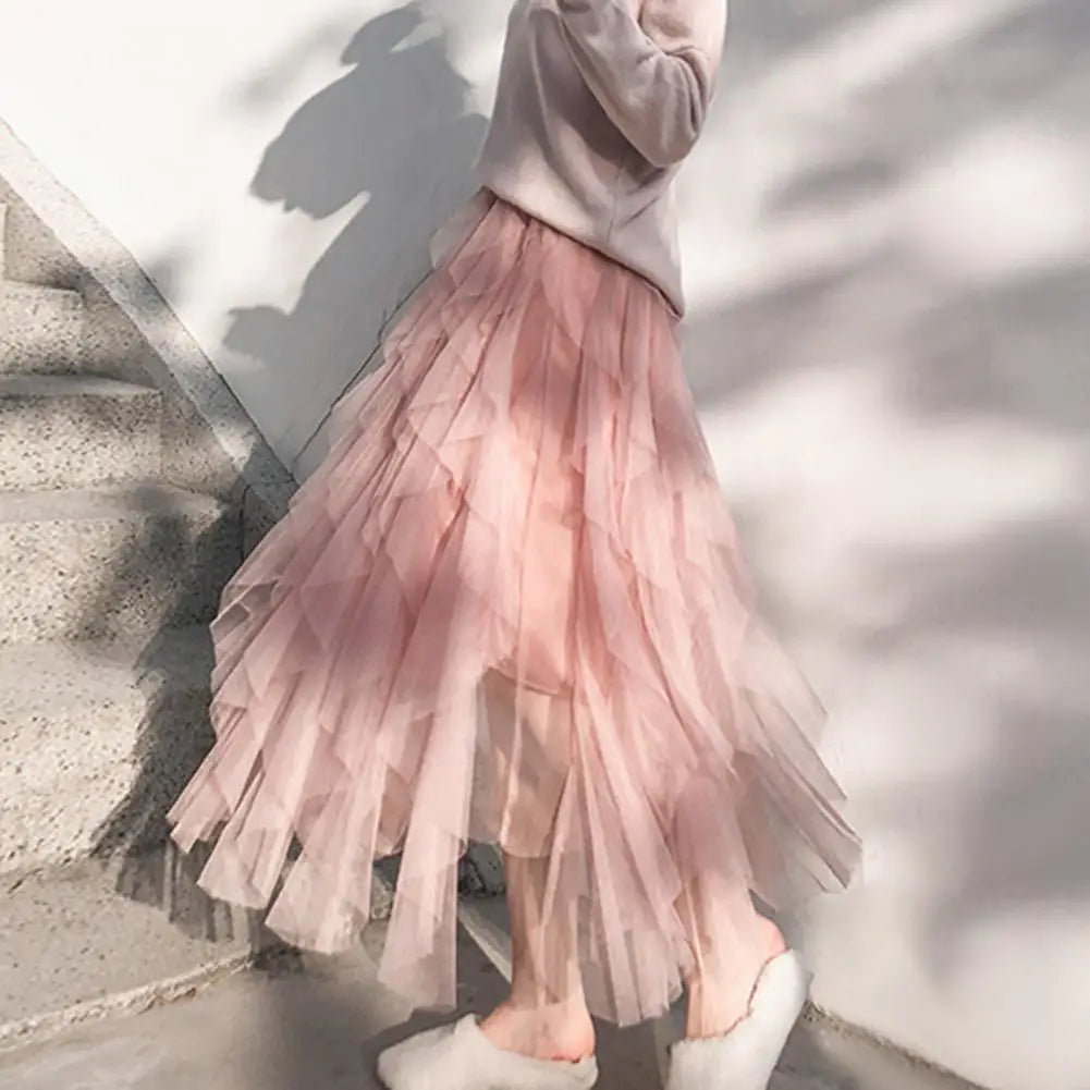 Flowy Hem Versatile Cake Skirt Women Midi Skirt Elastic High Waist Mesh Yarn Decor Long Skirt Solid Color