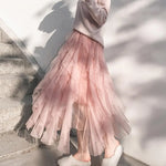 Flowy Hem Versatile Cake Skirt Women Midi Skirt Elastic High Waist Mesh Yarn Decor Long Skirt Solid Color