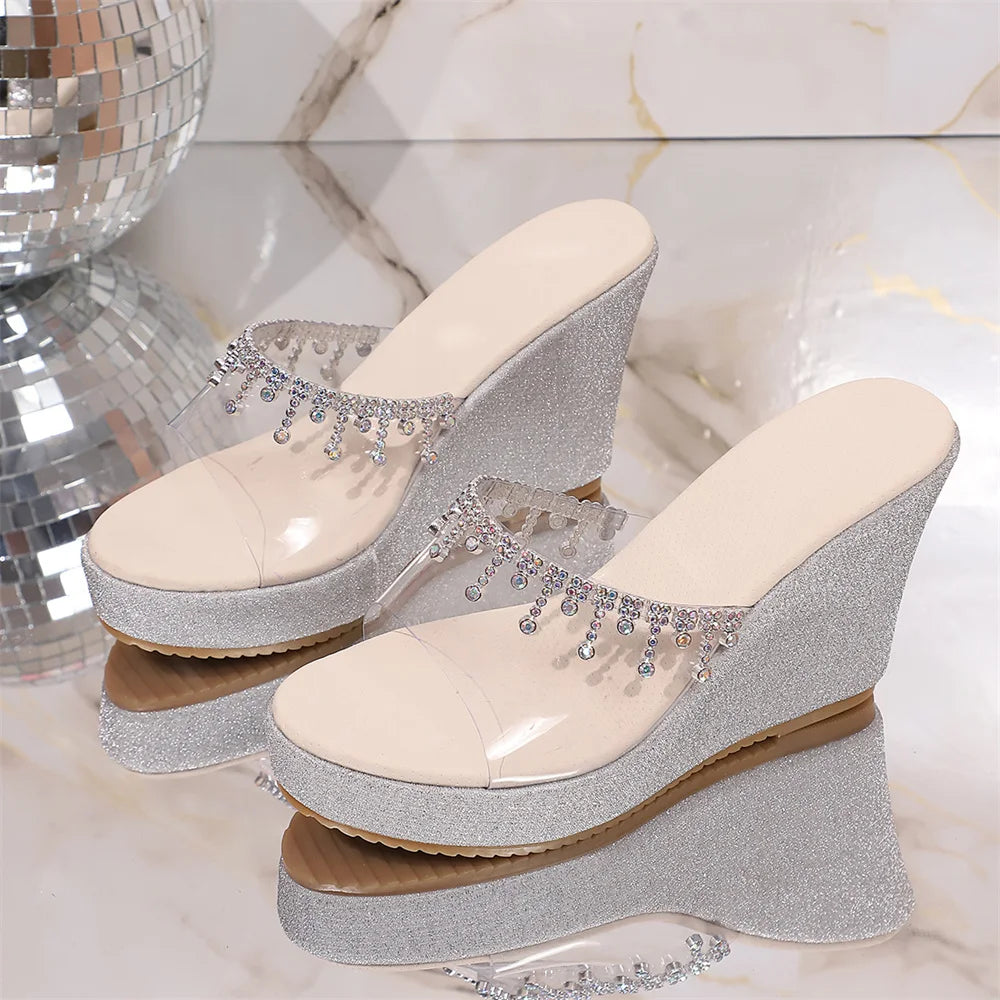 EUR Size 43 Silver Glitter Rhinestone Tassel PVC Slide Mules Slip On Wedge Platform Sandals Summer Beach Party Daily Shoes