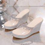 EUR Size 43 Silver Glitter Rhinestone Tassel PVC Slide Mules Slip On Wedge Platform Sandals Summer Beach Party Daily Shoes