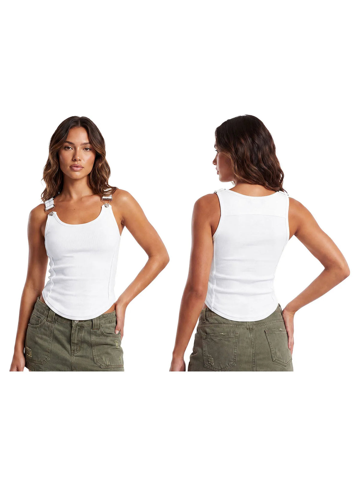 Summer Women's Solid Ribbed Tank Tops Stylish Sleeveless U Neck Camisole with Metal Buckle Straps Gothic Punk Vest