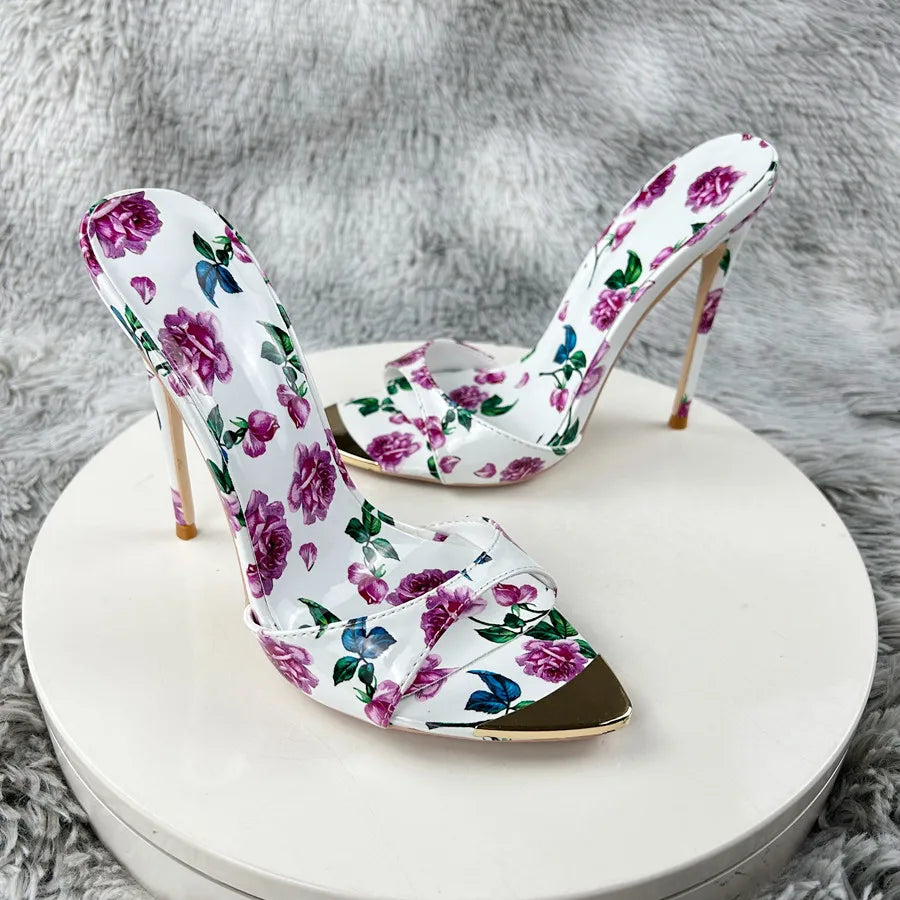 Sexy and fashionable printed slippers Shoes For Women's Sandals Summer Sexy Slippers Pointe Toe Thin Heels Stiletto Sandals12cm