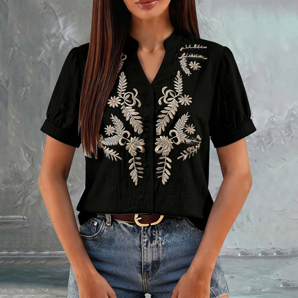 Women Floral Embroidery Puff Short Sleeve T Shirt Stand Collar V Neck Button Down Loose Solid Tees Summer Boho Casual Office Top