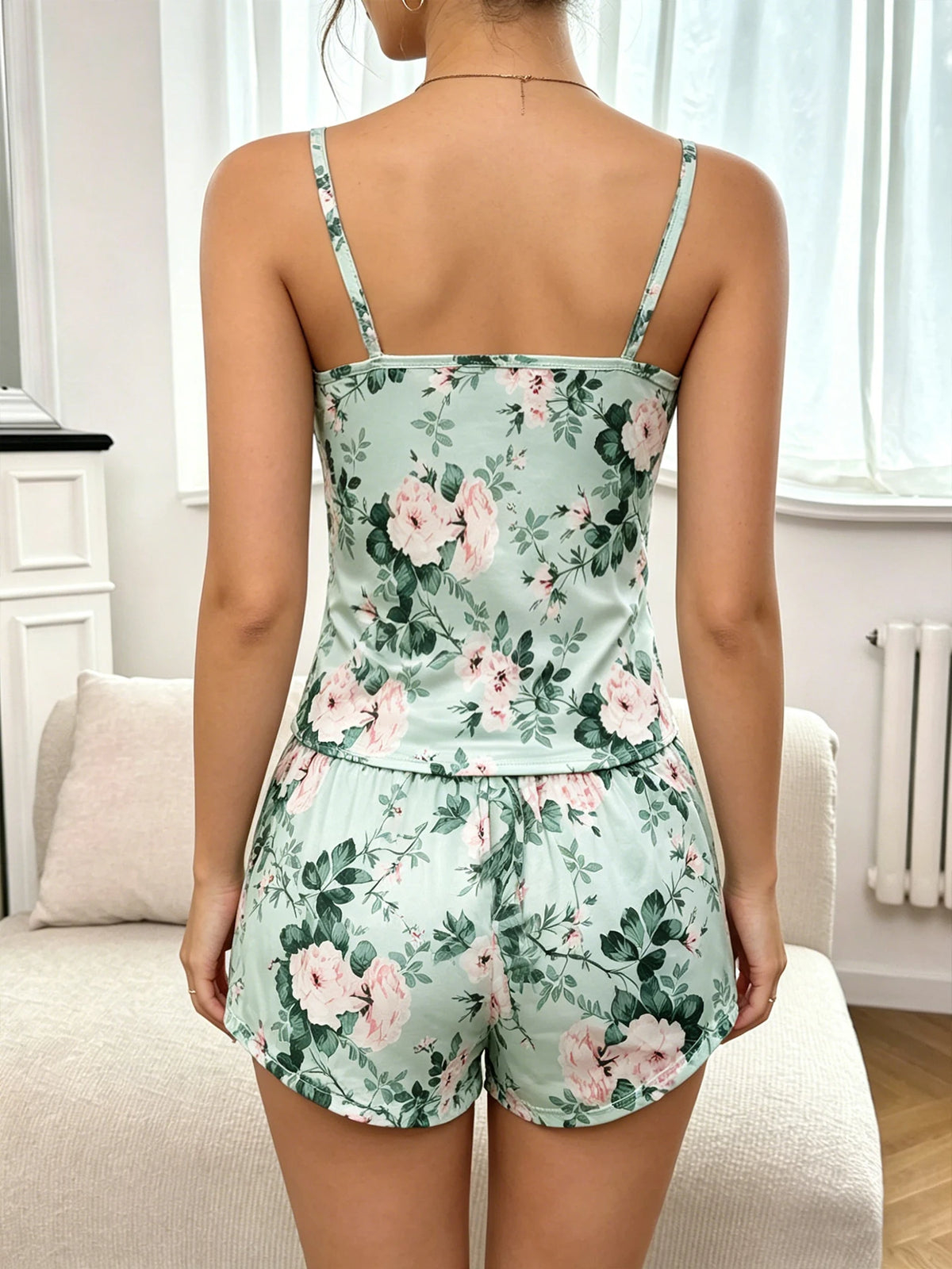 Women Pajamas Sleepwear Pajama 2pcs Set Camisole Shorts Cartoon Print Cami Top Backless Milk Silk Comfortable Pj Set Loungewear