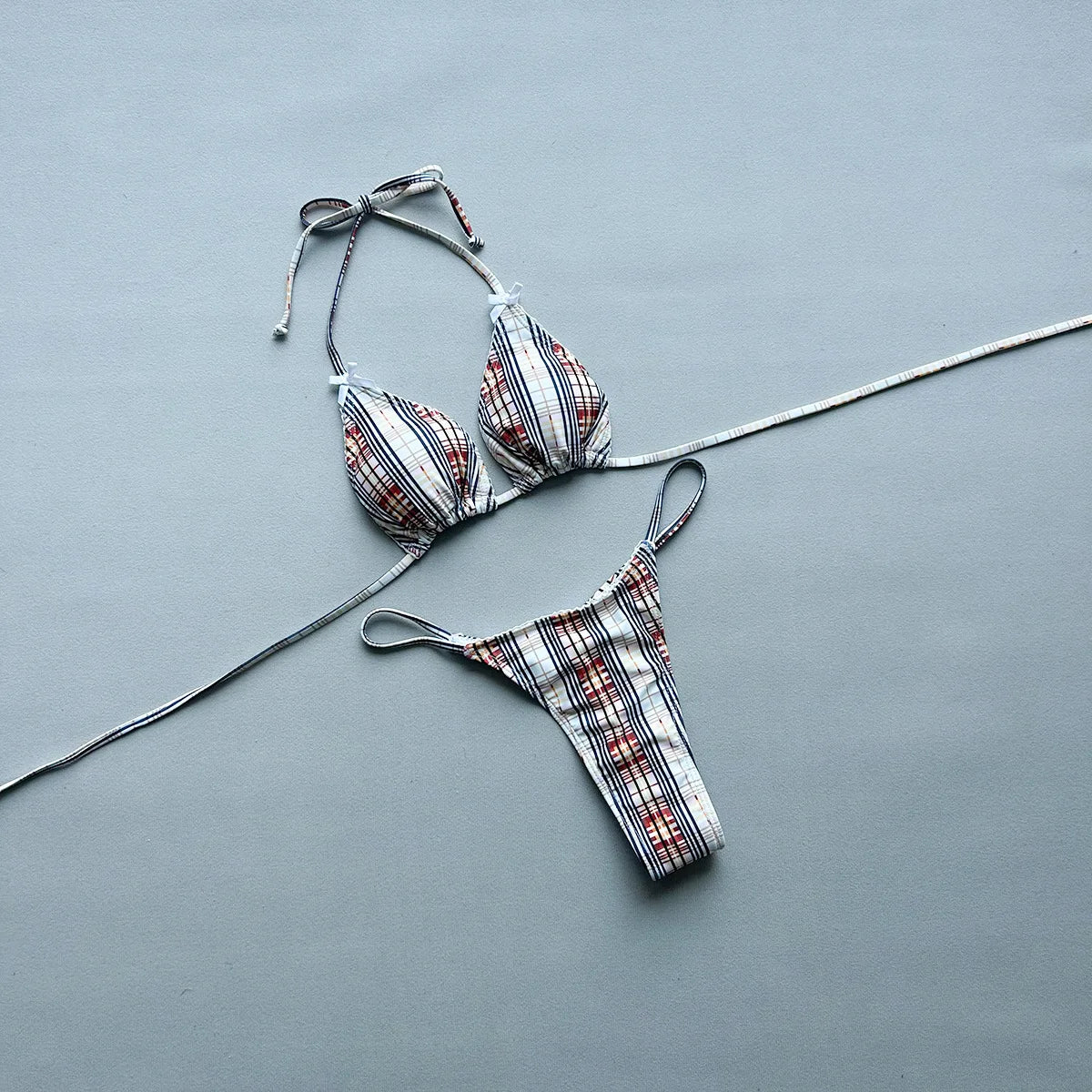 New 2026 Women's Micro Bikini Set Plaid Print Neck Lace-up Backless Biquini Beachwear Sexy Push Up Thong Low WaistBathing Suit
