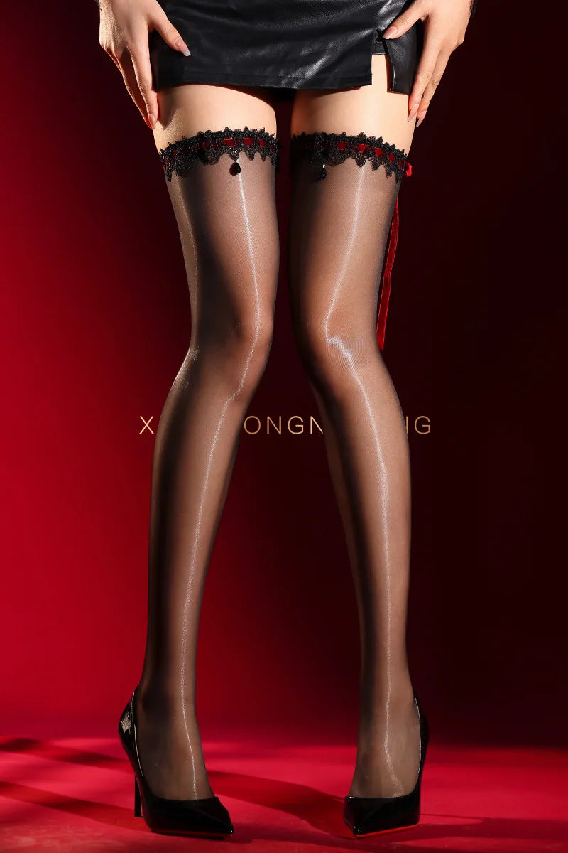 Sexy Smooth Pantyhose High-gloss Lace Sexy Black Thigh-high Drawstring Bowknot Pure Desire Charming Pantyhose Nightclub 8ZZ5