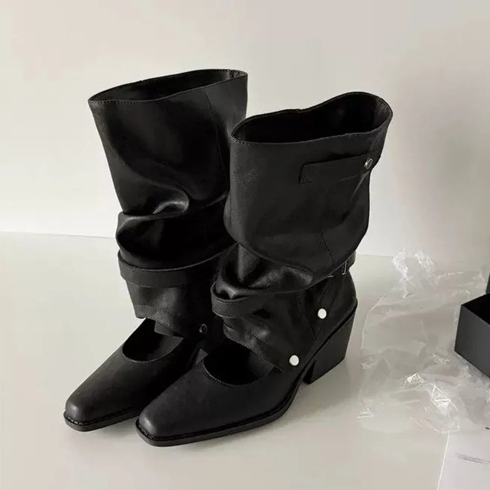 Vintage Y2k Slouchy Knee High Western Boots Women Chunky Block Heel Summer Cowboy Knee High Boots Motorcycle Boots Shoes