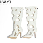 Big Size 43 Sexy Black Hollow Out Summer Boots Women White Thin High Heels Knee High Boots Stiletto Zip-up Peep Toe Party Shoes
