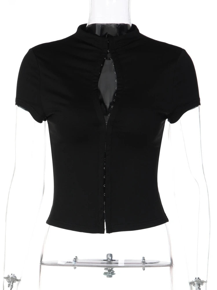 FDYOUI Woman Covered Buttons T-shirts 2026 Summer Short Sleeve Slim Cardigan Tops Ladies Chic Corset Tee Shirt White Black Red