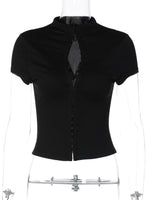 FDYOUI Woman Covered Buttons T-shirts 2026 Summer Short Sleeve Slim Cardigan Tops Ladies Chic Corset Tee Shirt White Black Red