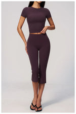 Yoga Set for Women High Waist Hip Lifting Tight Mid Pants Fitness Suit Short Sleeve O Neck Slimming Sports T Shirt Athletic Wear