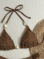 Sexy Beige Black Micro Bikini Set 2026 Women Pearls Strap Push Up Bra Pleate Thong Swimsuit Beach Bathing Suit Holiday Swimwear