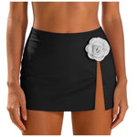 Women Black Swim Skirt 3D White Flower High Waist Side Slit Bikini Cover Up Skirts Beachwear Summer Vacation Beach Swimsuits