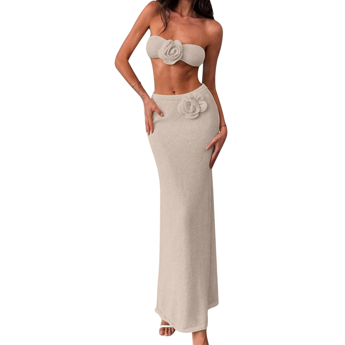 Women’s Two Piece Summer Outfits Solid Color Strapless 3D Flower Tube Tops and Long Skirt Set Knitted Holiday Beachwear