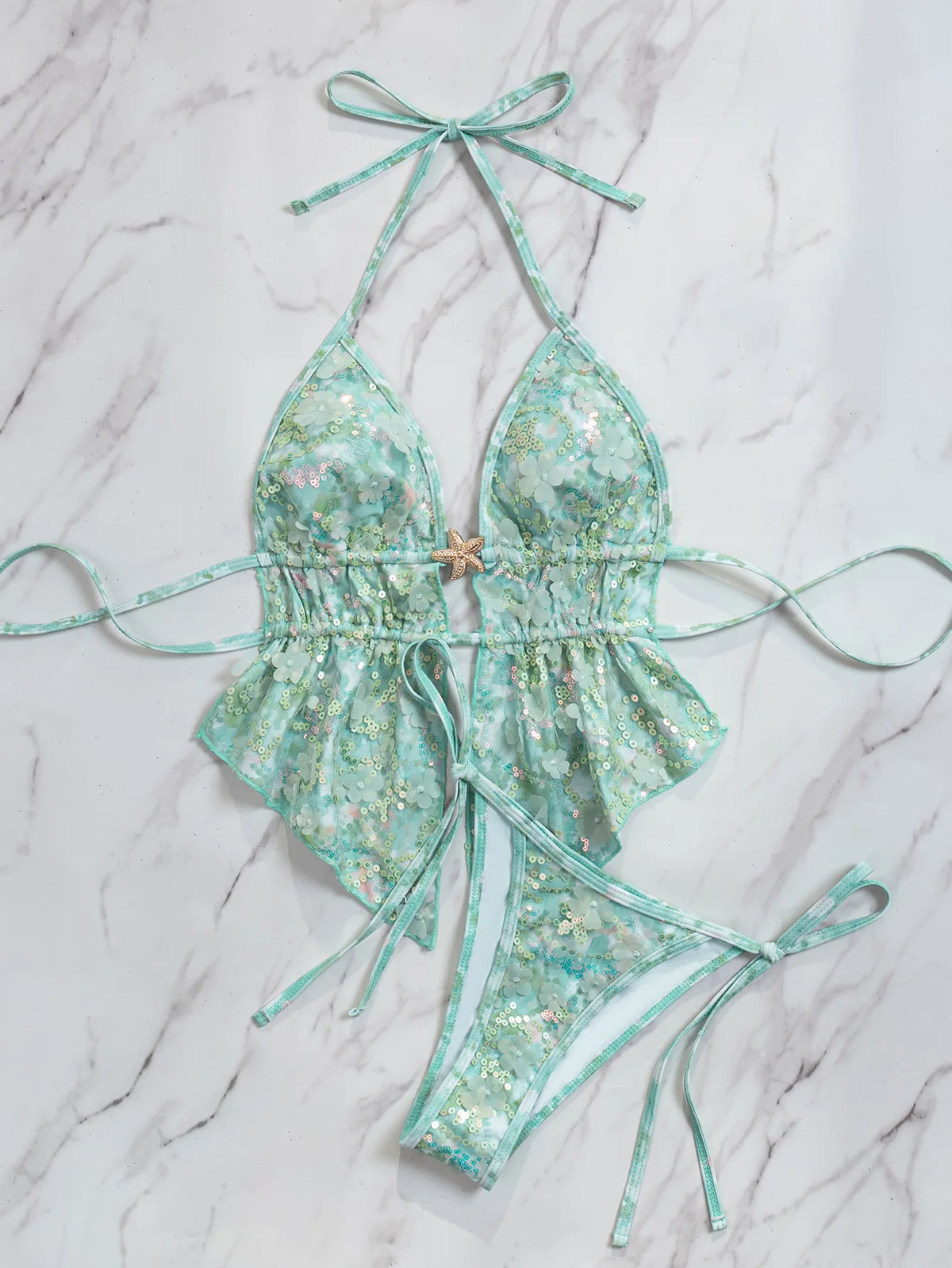 Sexy Sequin Green Bikinis Sets Women Metal Starfish Pleate Tank Top Tie Side Thong Swimsuit Beach Bathing Suit Swimwear 2026