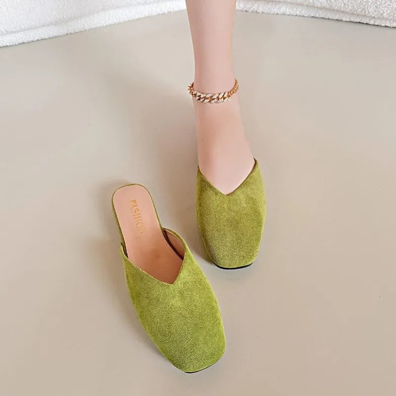 Women Suede Flats Mules Shoes Square Toe Slingback Slippers Casual Sandals 2026Trend Summer Dress Flip Flops Cozy Mujer Slides