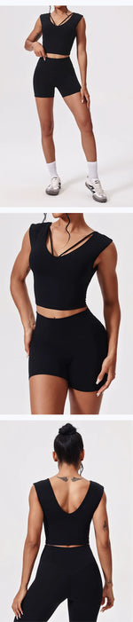 Naked Yoga Sets Women Gym V Neck Slim Sports Vest High Waist Shorts 2 Piece Fitness Suits Outwear Running Workout Tracksuit