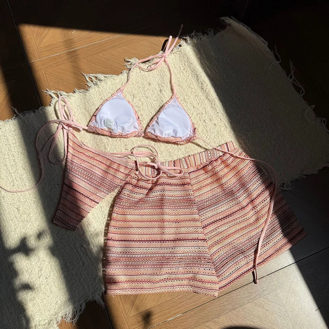 New Sexy Striped Halter Bikini Women Swimwear Three-pieces Bikini set With Shorts Female Swimsuit Bathing Suit Bather Swim V6326