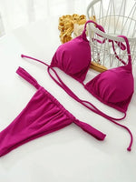 PU Pleated Ruched Bikinis Mini Micro Thong Bikini Women Swimwear Female Swimsuit Two-pieces Bikini Set Halter Bathing Suit Swim