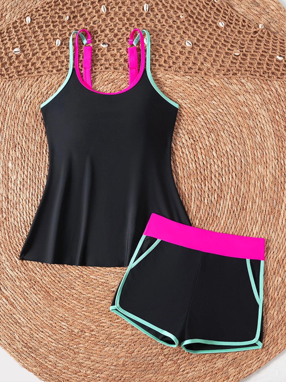 Black White Patchwork Tankini Set Swimwear Women 2026 Double Strap Push Up Tank Top High Waist Pocket Short Two Piece Swimsuit