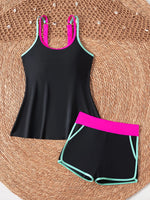 Black White Patchwork Tankini Set Swimwear Women 2026 Double Strap Push Up Tank Top High Waist Pocket Short Two Piece Swimsuit