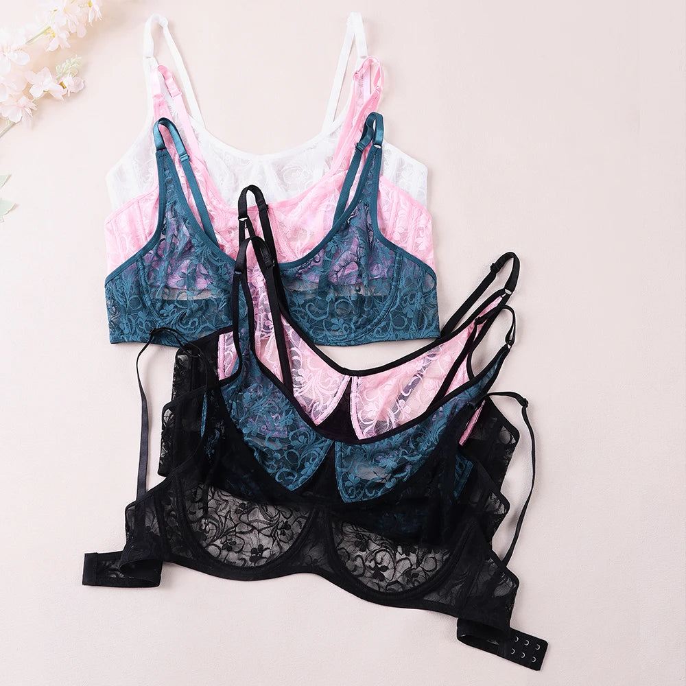 Bra For Womens Underwear Lace Bra Underwire BH Hollow Out Embroidery Perspective Sexy Lingerie Tops Plus Size Brassiere