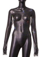 Women Rhinestone Fishnet T-shirt Solid Color Long Sleeve Crop Tops See Through Hollow Out Sexy Shirts Female Smock Tops