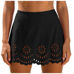 Women Solid High Waist Swim Skirts Hollow Out Floral Cutout Scalloped Hem A Line Bikini Cover Up Skirt Vacation Pool Beachwear