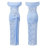 Women Off Shoulder Dress Sleeveless Lace Patchwork Tie-up Summer Long Dress for Cocktail Party