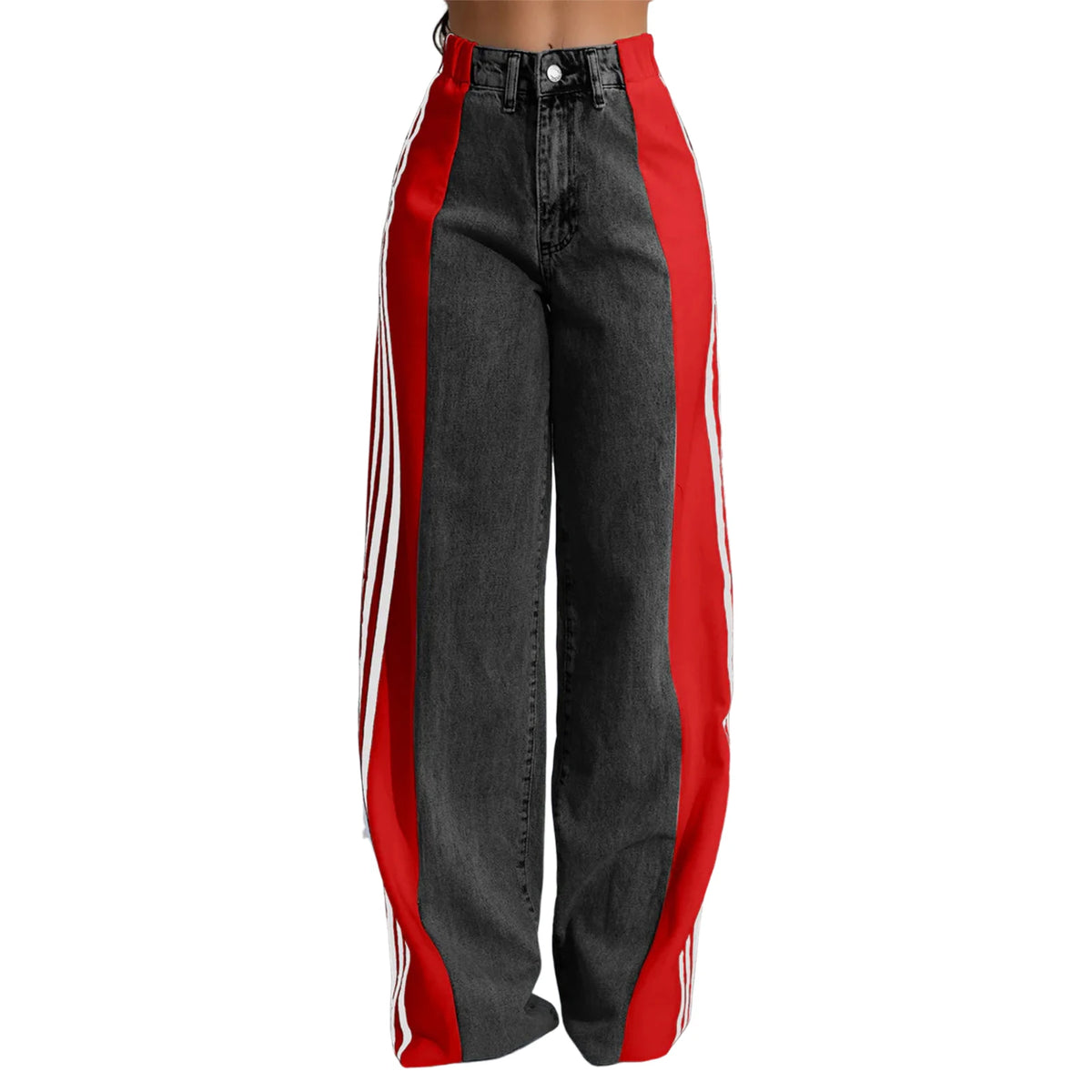 Women's Spring Summer Baggy Jeans Pants High Waist Loose Wide Leg Side Striped Denim Pants Streetwear