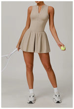 Women Front Zipper Tennis Dress Fake Two-piece Pieces Stand Up Collar Slim Fit Soft Sports Sets Fitness Pocket Skorts Yoga Suits