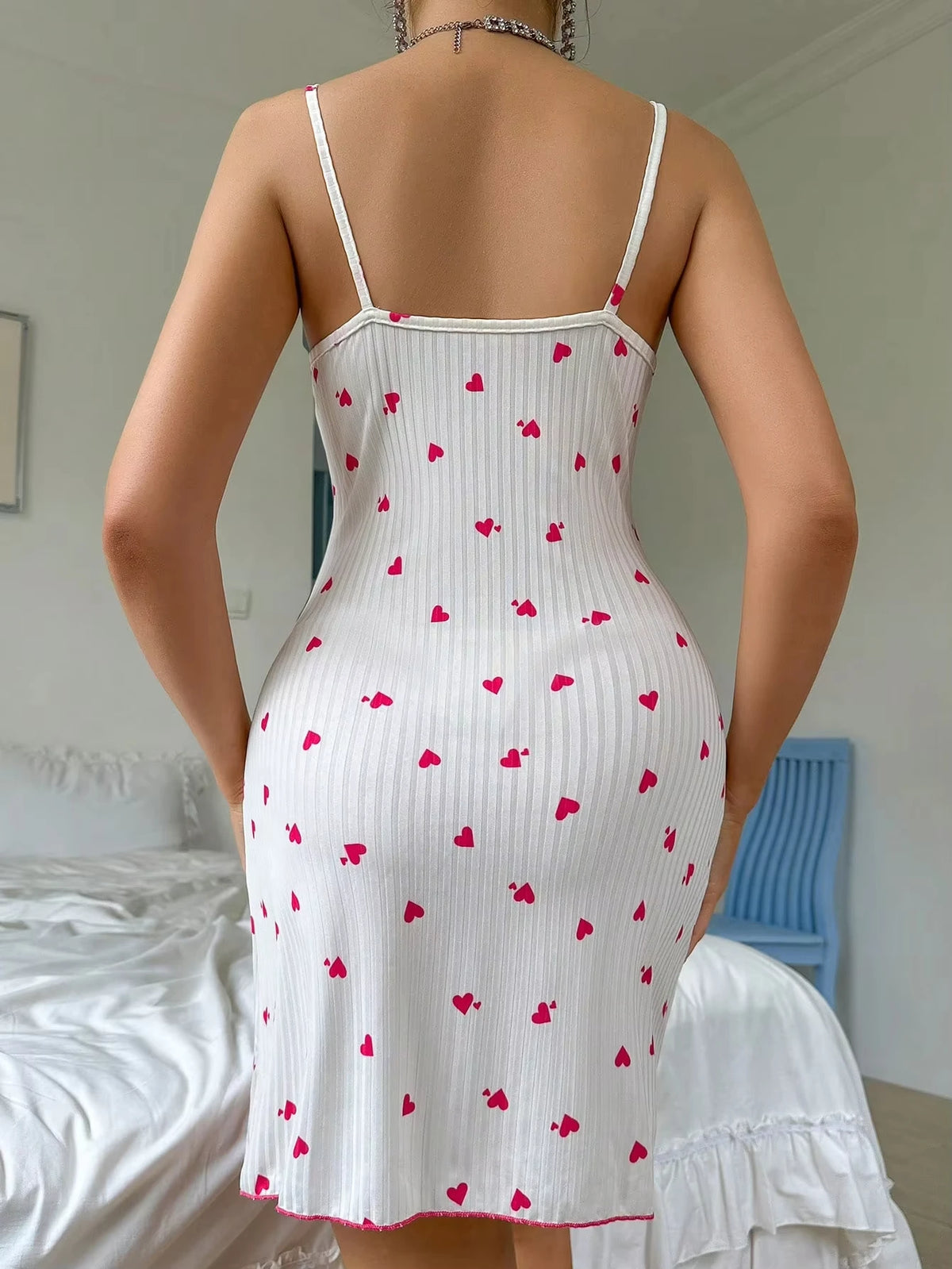 Sexy Women's Night Gown Lace Trim Camisole Bow & Heart Print Sleeveless Sleep Dress Elegant Night Wear for Ladies New Hot