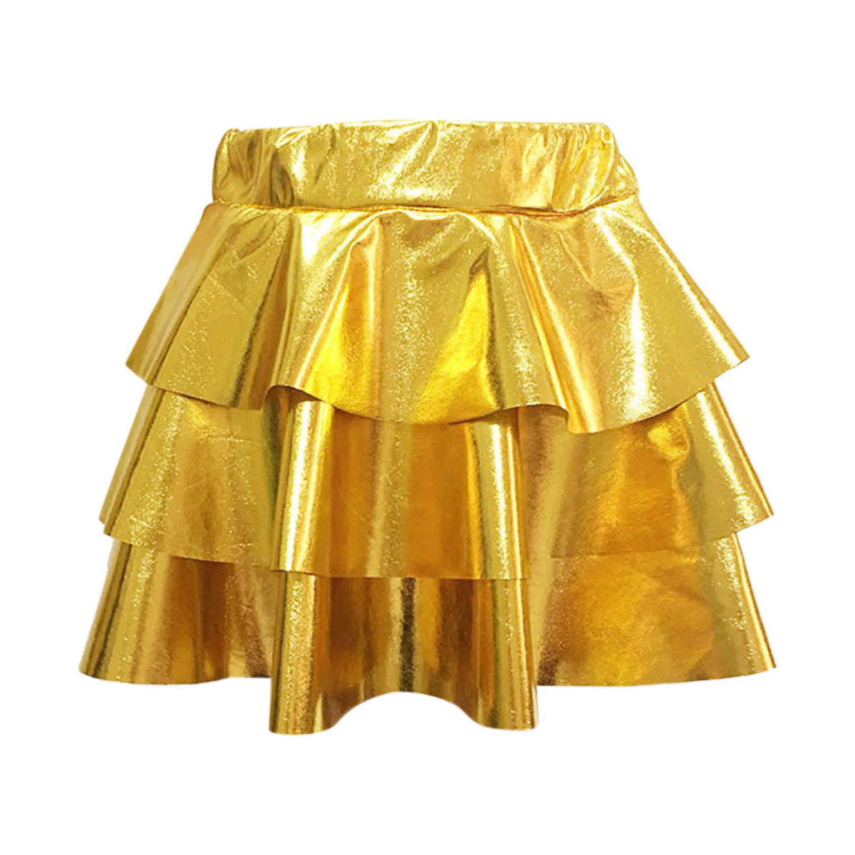 Women's Gold Metallic Tiered Mini Skirt Elastic High Waist Shiny Pu Ruffle Hem Party Skirts Dance Performance Festival Outfits