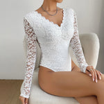 Sexy White Lace Bodysuit Women Solid Color Long Sleeve Sheer Corset Top Autumn Ruffles V Neck See Thourgh Slim Fit Jumpsuit