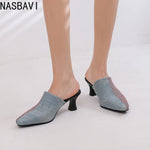 NASBAVI New Breathable Hollow Slippers Stone Pattern Leather Pumps Women Chunky Heels Mules Black Dress Shoes Big Size 45 46 47