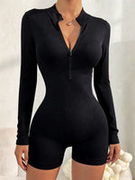 Women's Solid Color Half Zip Ribbed Knit Short Sleeve Romper Sports Soft Slim Fit Mock Neck Jumpsuit Streetwear 2025 Summer