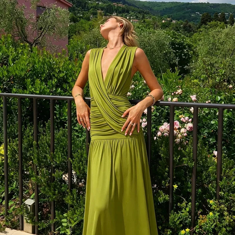 FDYOUI Womens Chic V-neck Sleeveless Pleated Long Maxi Holiday Dress Ladies Summer High Waist Tunics Solid Evening Party Dresses