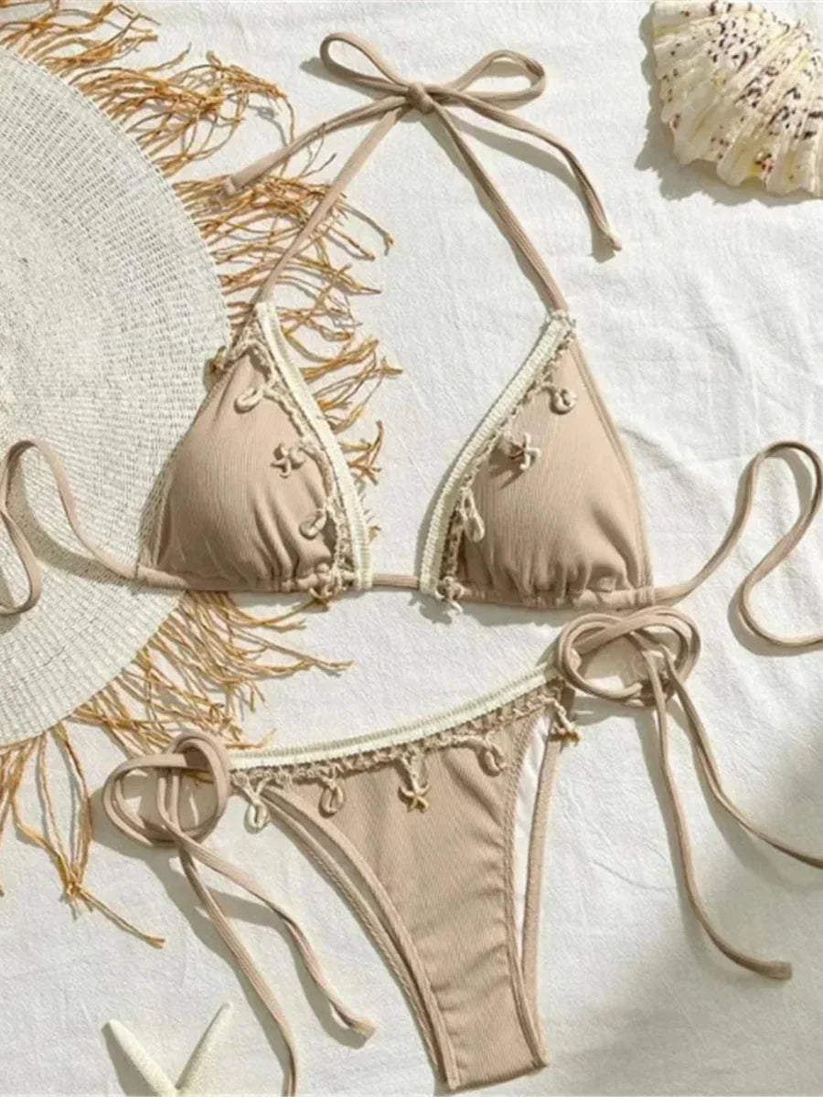 Shell Decoration Ribbed Bikini Women Swimwear Female Swimsuit Two-pieces Bikini Set Halter Strappy Bather Bathing Suit Swim Lady